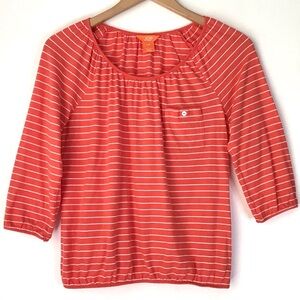 Joe Fresh Top Size S Orange White Stripe 3/4 Length Sleeves Button Pocket Tee